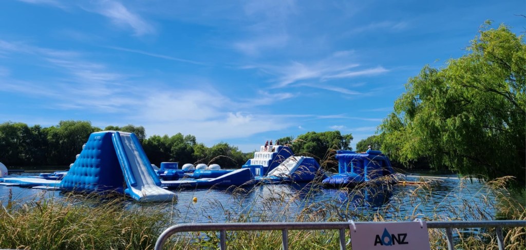 An inflatable obstacle course on the lake