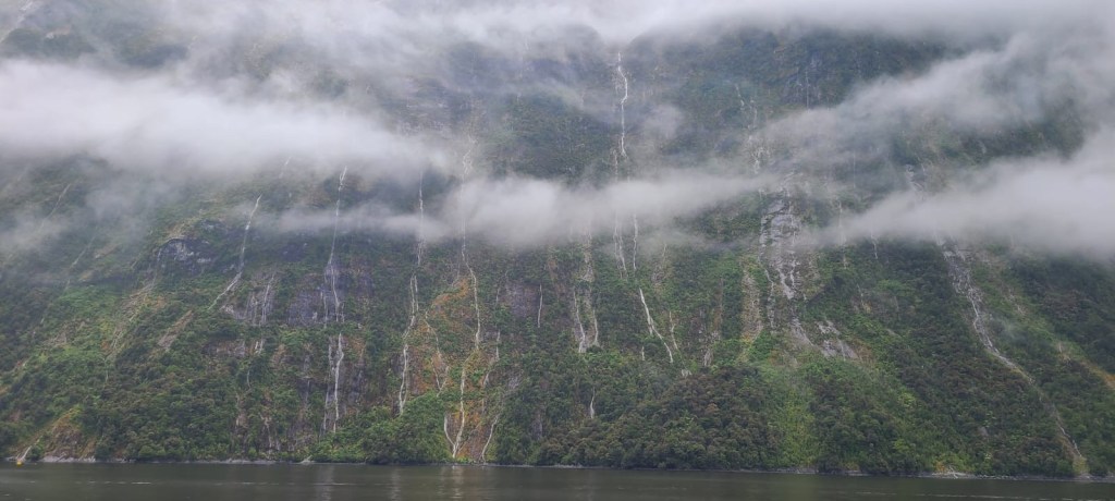 One of the towering peaks in the Milford Sound